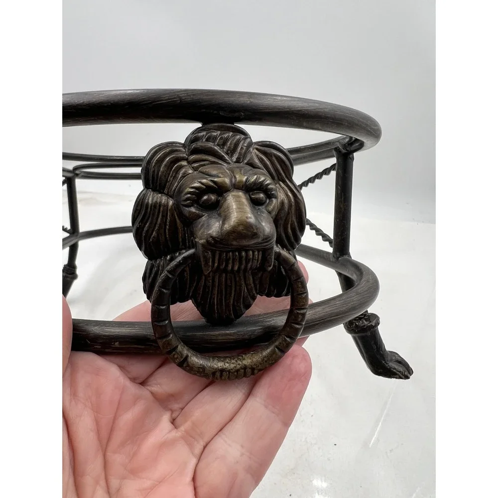 Heavy Metal Wrought Iron Double Pet Bowl Stand Raised Feeder Lion Head Paw Feet
